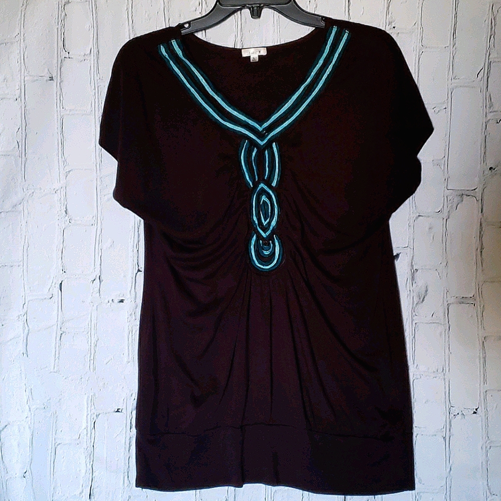 Studio Y Brown Top with Teal Embroidered V-Neck